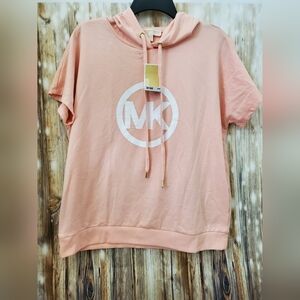 MICHAEL KORS Short Sleeve Dusty Coral Logo Hooded Sweatshirt